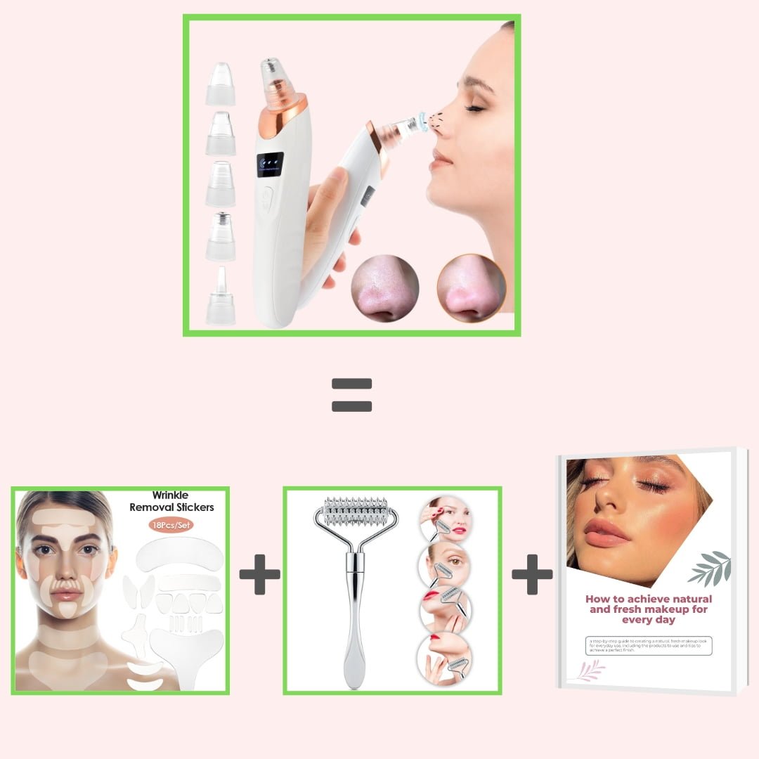 1 BlackHead Vacuum™ + Anti-wrinkle Patches + Face Roller Massager + 1 Ebook