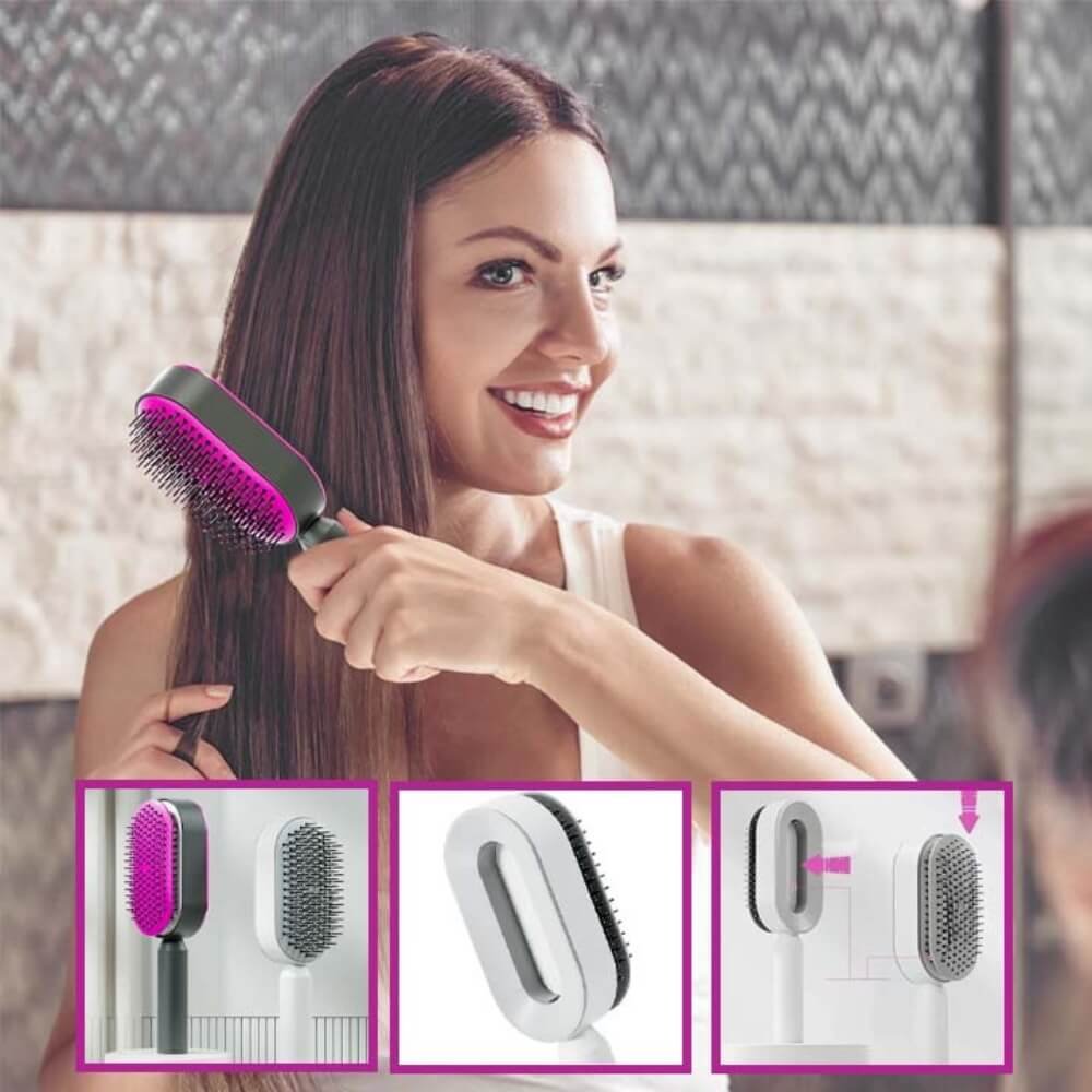 hair brush - female customer smiling and brushing her hair hair brush - female customer smiling and brushing her hair
