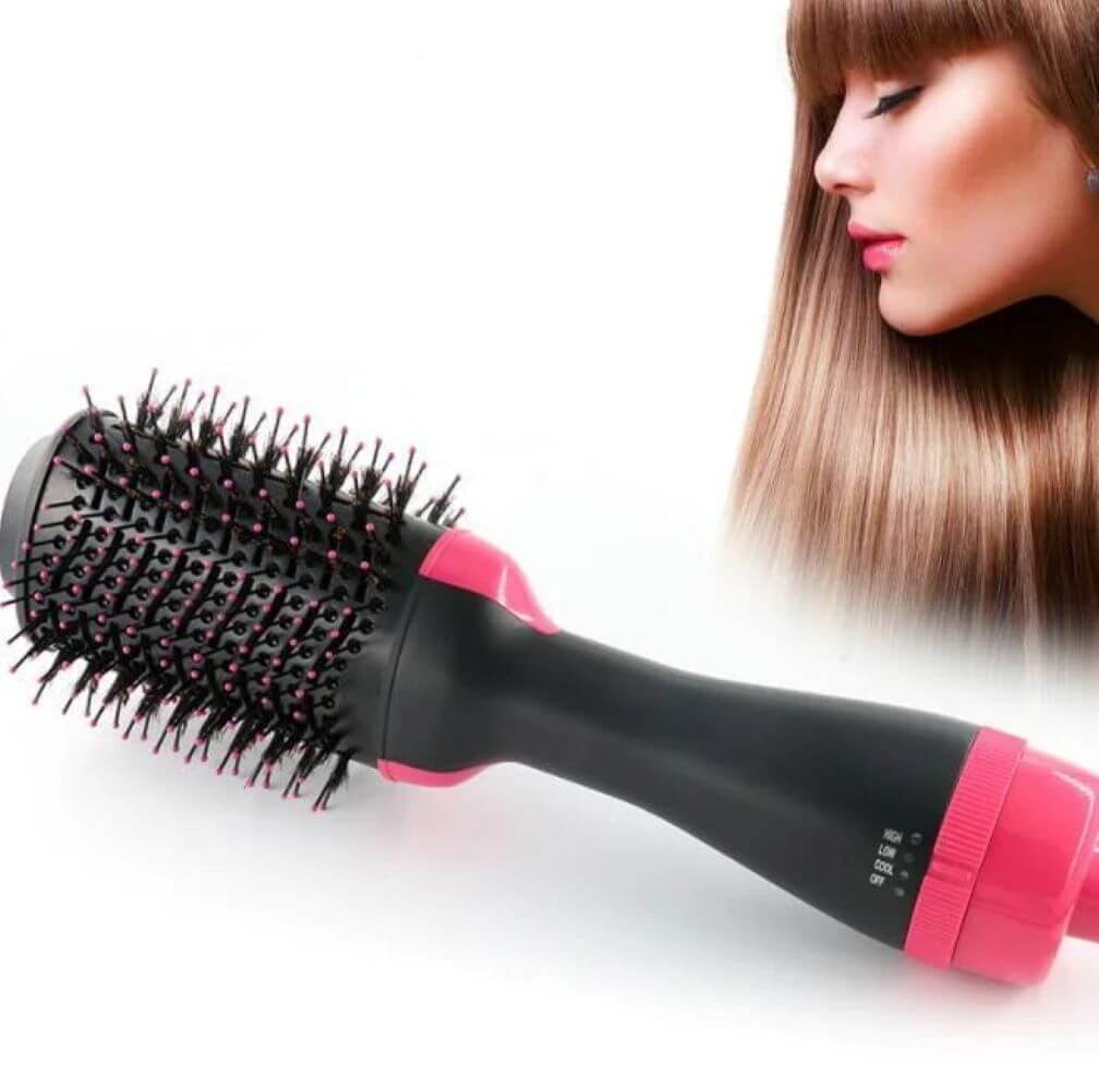 hot air brush - female customer with silky hair and brush demontration